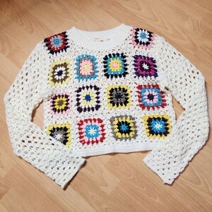 Debut Crochet Rainbow Granny Square Crewneck Open Knit Sweater Medium